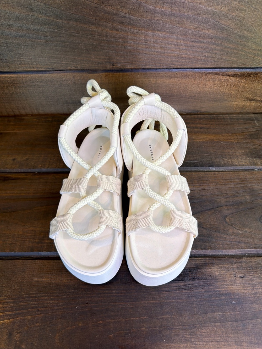 Inuikii Cord Artemis Cream Lace Up Platform Sandals Women Size 9 / 40